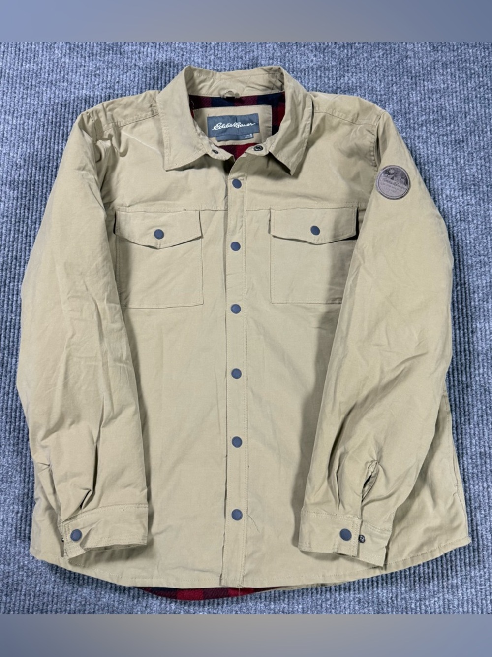 Eddie Bauer Men's XL Shirt Jacket Tan/Beige Plaid Fleece Lined Snap Pockets